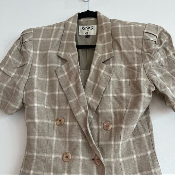 Vintage Beige Windowpane Plaid Short Sleeve Double Breasted Jacket Size 8/9 - Picture 2 of 8